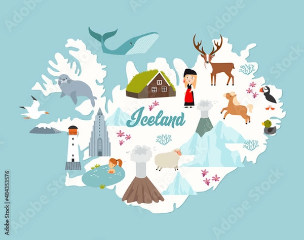 Fototapeta Print. Iceland map poster. Animals and sights of Iceland. Reykjavik
