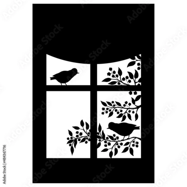 Fototapeta The silhouette of a songbird on a branch in the window