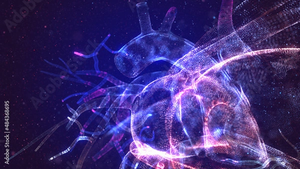 Fototapeta Glowing human heart made of neon particles. Bright magic heart health concept art in modern abstract style consists of colorful dots. 3d illustration.