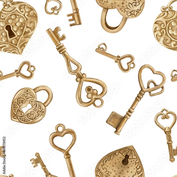 Obraz Retro keys seamless pattern. Antiques key cover for your design. Hand painted illustration on background