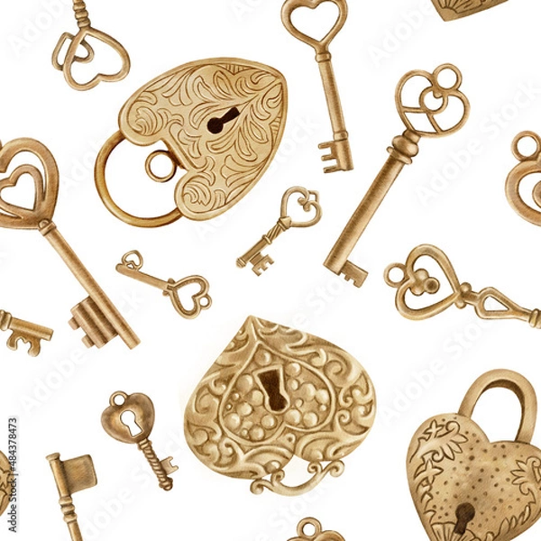 Obraz Retro keys seamless pattern. Antiques key cover for your design. Hand painted illustration on background