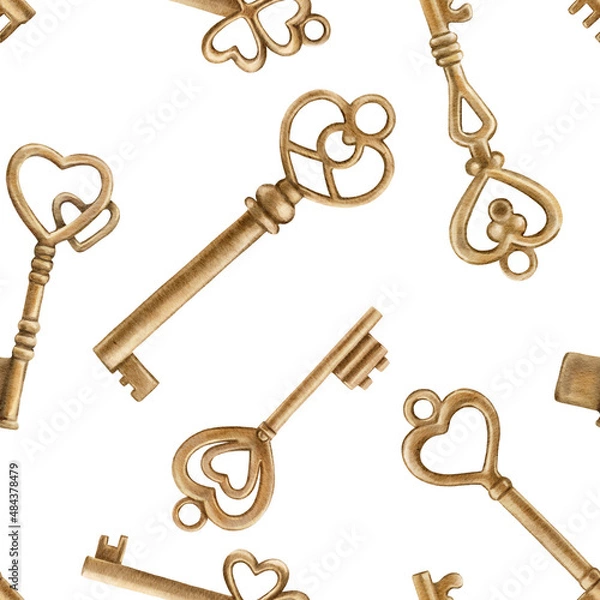 Obraz Retro keys seamless pattern. Antiques key cover for your design. Hand painted illustration on background