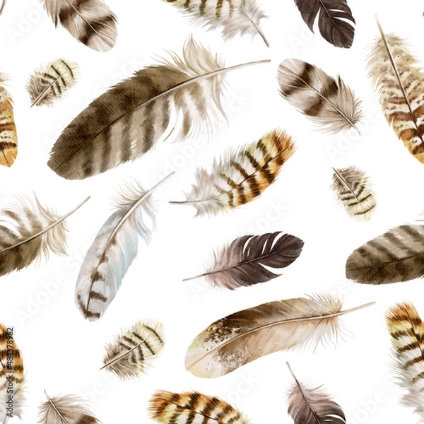 Obraz Feathers repeating pattern. Watercolor background with seamless illustration. Watercolour color organic design. Seamless boho texture with hand drawn feathers. Bright colors.