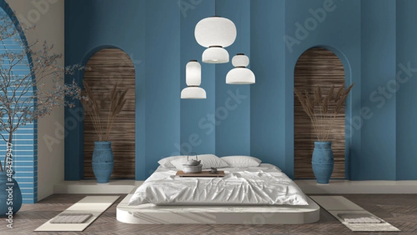 Obraz Beige and blue concrete molded plaster wall in zen eastern bedroom with master bed, lamps and decors. Cozy background with copy space. Relax showcase, interior design concept idea