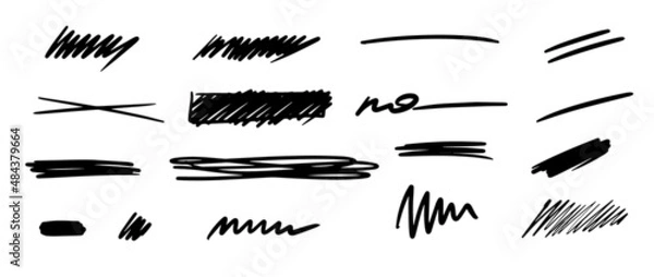 Obraz Doodle brush or marker underline slroke black line sketch set. Pencil pen mark vector illustration. Hand drawn simple elements on white background. Cool hand drawn graphic print.