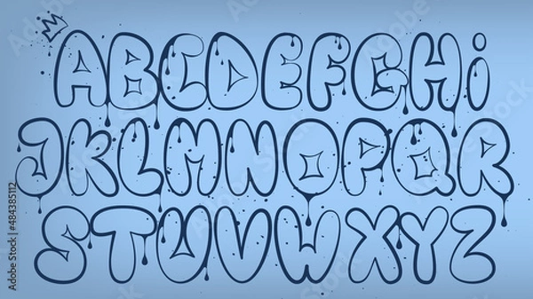 Fototapeta Graffiti alphabet. Bubble graffiti letters outline. Uppercase letters with spray effect and drips on dark background. Graffiti font. Alphabet in readable graffiti style.