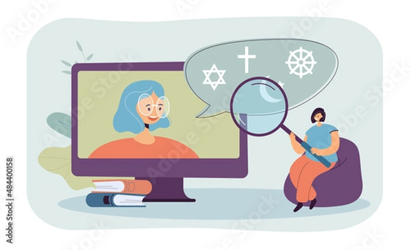 Obraz Tiny woman with magnifier watching video or webinar on religion. Huge computer screen with female person and religious symbols flat vector illustration. Online education, religion concept for banner