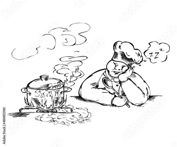 Fototapeta The chef cook fell asleep. Pot in which food is cooked, the food from the pot overflows. The kitchen is full of steam.  Cartoon picture with humor 