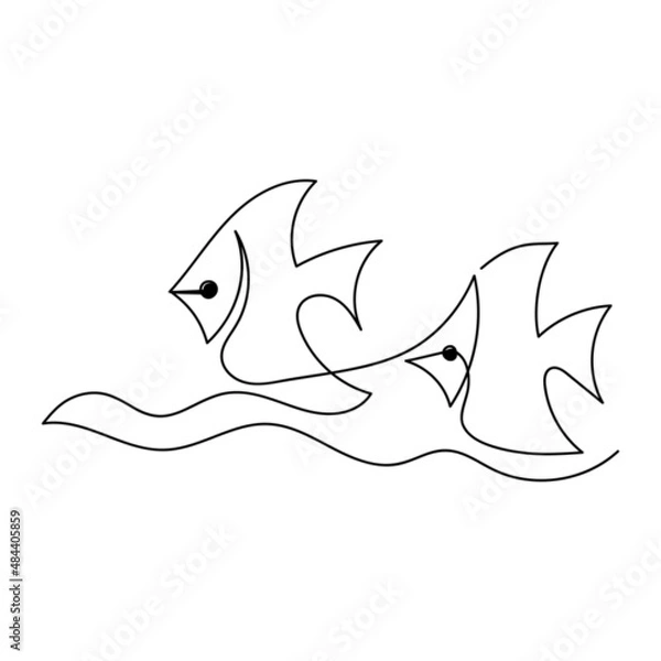 Fototapeta Continuous one line drawing. Exotic fish. Hand drawn vector illustration on white background.