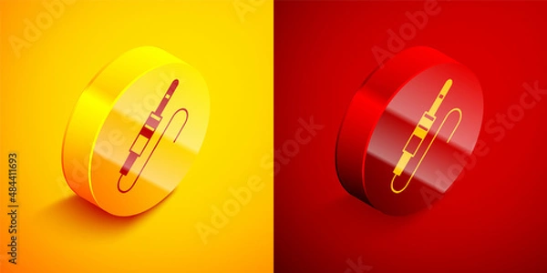 Fototapeta Isometric Audio jack icon isolated on orange and red background. Audio cable for connection sound equipment. Plug wire. Musical instrument. Circle button. Vector