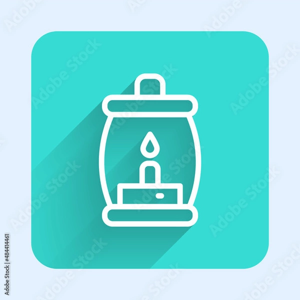 Fototapeta White line Camping lantern icon isolated with long shadow. Happy Halloween party. Green square button. Vector