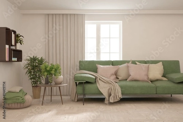 Fototapeta Modern living room in white color with sofa. Scandinavian interior design. 3D illustration