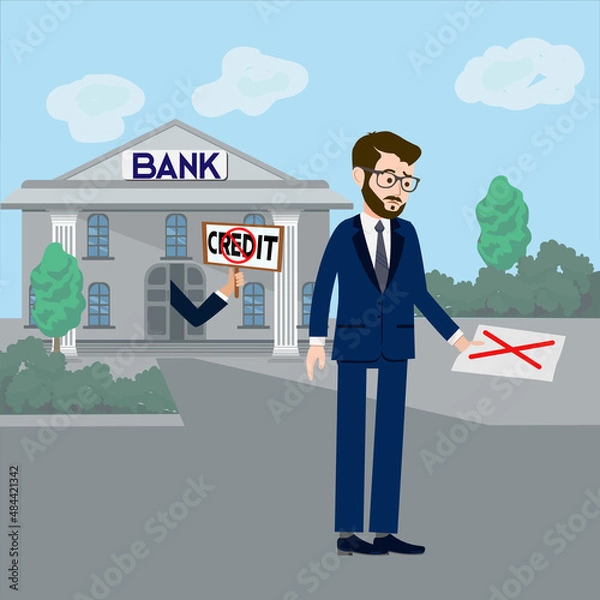Obraz The bank did not approve the loan to the businessman. Vector illustration of a sad businessman who was not given a bank loan. The man looks sadly at the document in his hands