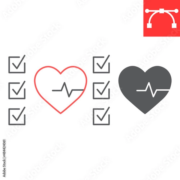 Fototapeta Health check line and glyph icon, diagnosis and heartbeat, medical report vector icon, vector graphics, editable stroke outline sign, eps 10.