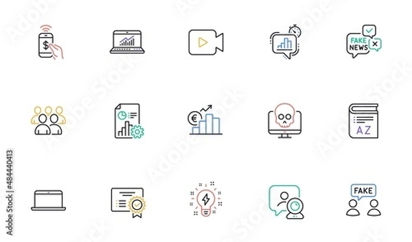 Obraz Cyber attack, Laptop and Group line icons for website, printing. Collection of Statistics timer, Euro rate, Report icons. Fake information, Certificate, Fake news web elements. Vector