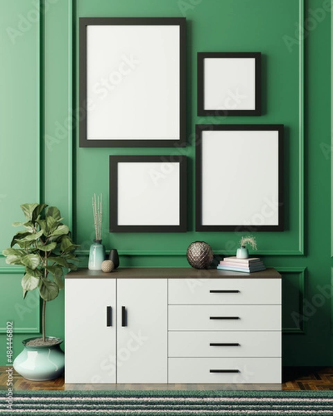 Fototapeta 3D render of an emerald green room with 4 picture frames and a dresser
