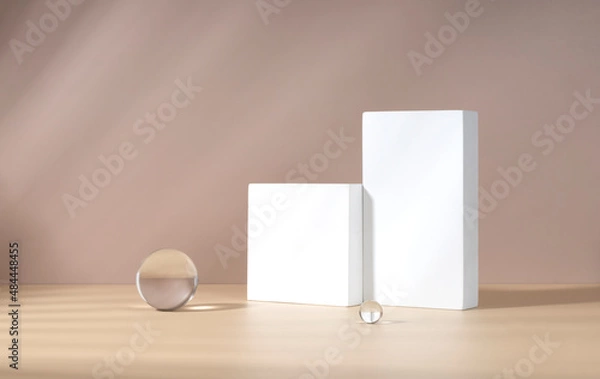 Obraz Cosmetic product showcase stand photography for online marketing include crystal ball and white stand on beige background