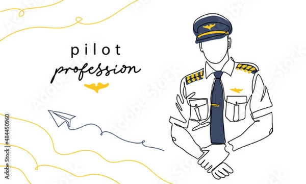 Obraz Pilot, aviator profession, man in uniform. Vector background, banner, poster. One continuous line art drawing illustration of pilot