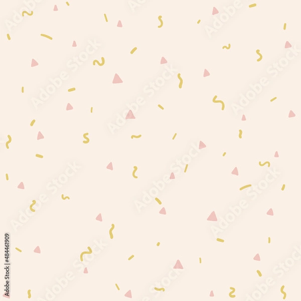 Fototapeta Minimal seamless birthday vector pattern with triangle and confetti. 
Memphis celebration texture.