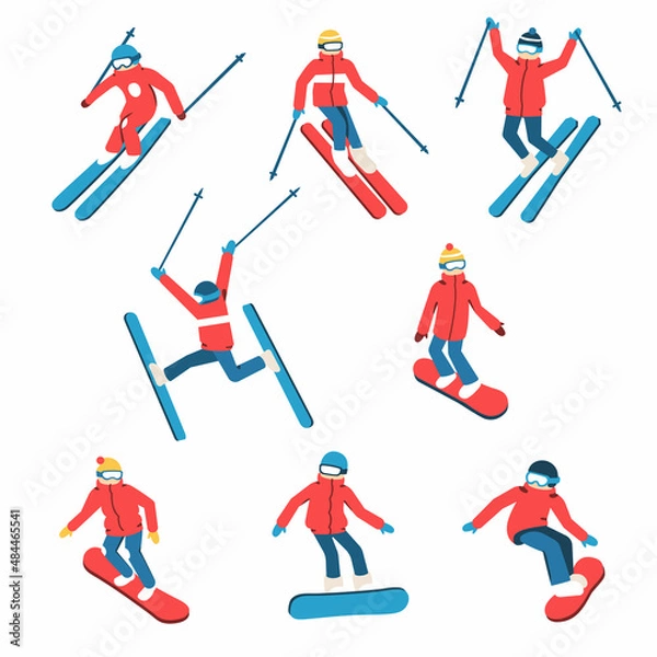 Fototapeta Vector skiers and snowboarders flat style. Winter sport activity. Simple characters isolated on white background