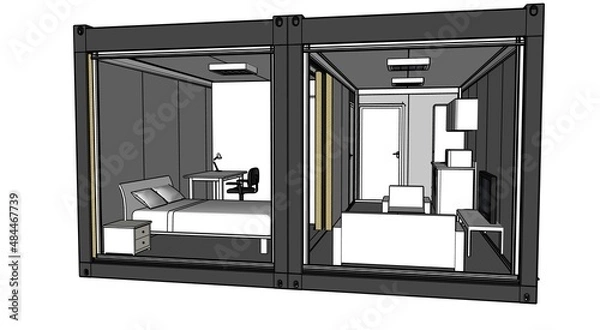 Fototapeta 3d illustration of a container building. Suite room with double bed, living area and mini kitchen.  New trend in construction: Steel container house.  3d model perspective looking from facade.