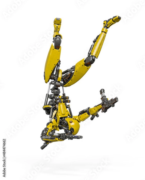 Fototapeta droid soldier is falling down like a super hero in action and holding a pistol