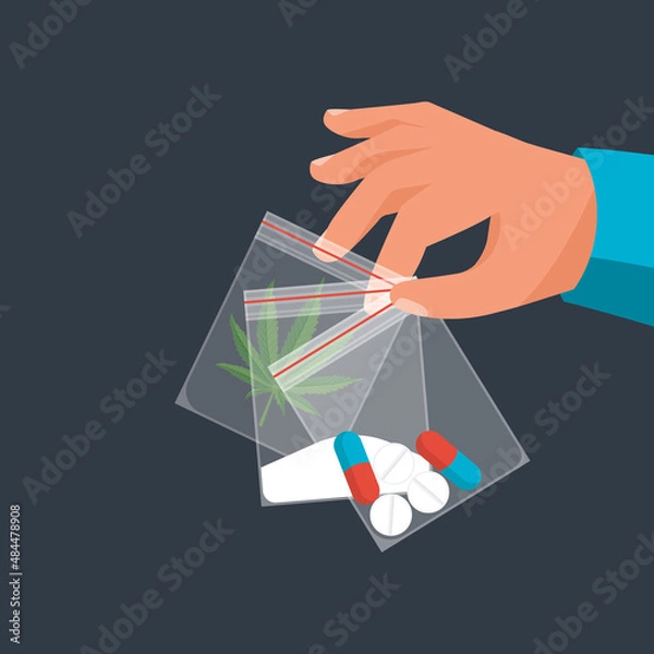 Obraz Drug Trade. Drug deal. The dealer holds the dose in package. Tablets, cocaine and marijuana. Abuse and addiction. Vector illustration flat design. Isolated on background.