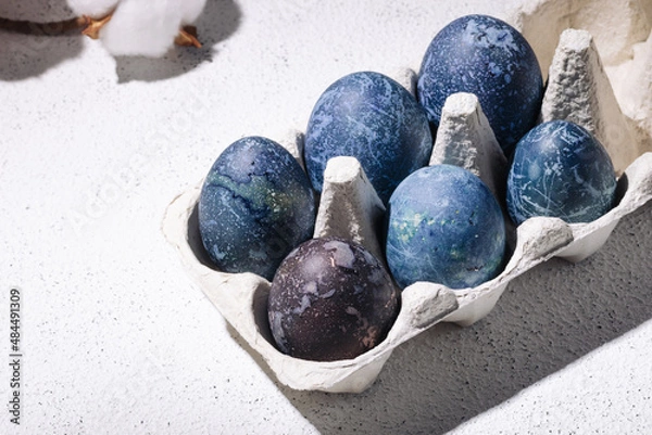 Fototapeta Blue easter eggs dyed with hibiscus tea in an egg carton on a white concrete background