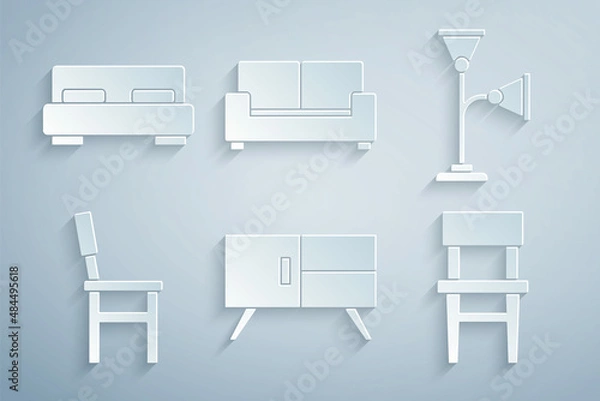Fototapeta Set Chest of drawers, Floor lamp, Chair, Sofa and Big bed icon. Vector