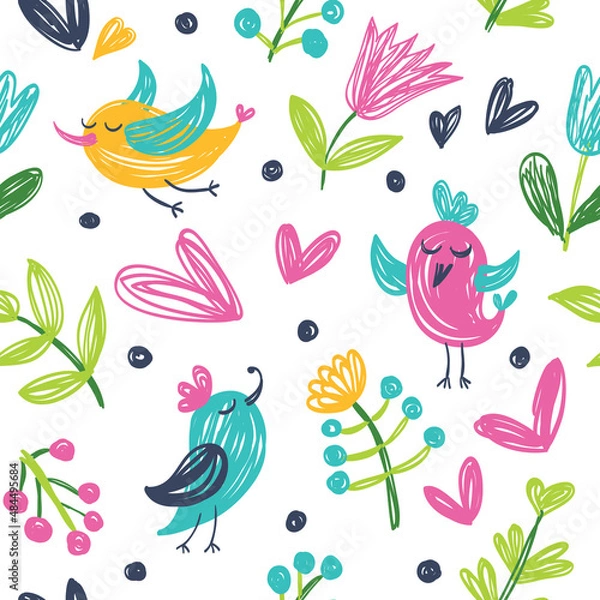 Fototapeta Seamless summer pattern with cute birds, flowers and clouds.
