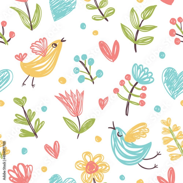 Fototapeta Seamless summer pattern with cute birds, flowers and clouds.