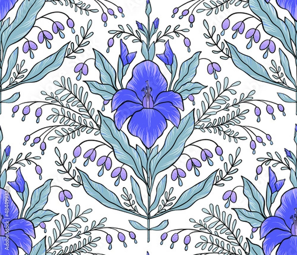 Fototapeta Abstract blue gladiolus and lilac bluebells with leaves on white. Isolated seamless pattern with outline. For fabric, wrapping paper, wallpaper. Vector illustration