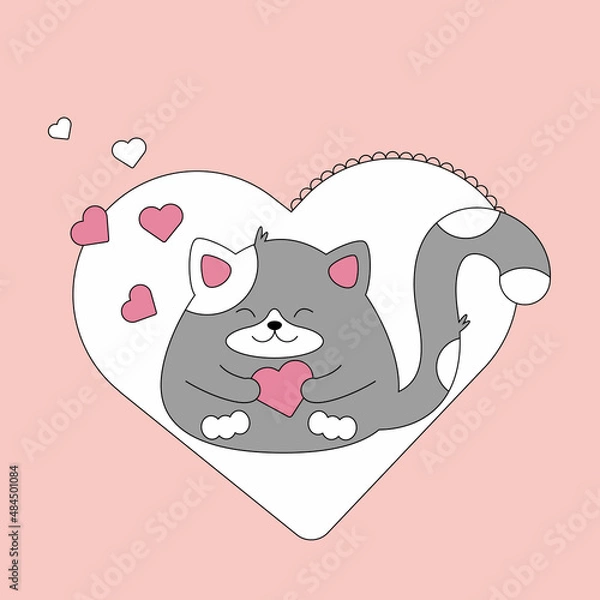 Fototapeta Cute, funny, fat kitten with hearts for Valentine's Day. Сute greeting card illustration
