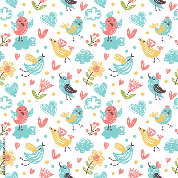 Fototapeta Seamless summer pattern with cute birds, flowers and clouds.