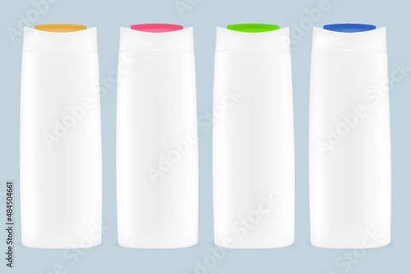 Fototapeta Vector drawing, Set white plastic shampoo bottles with colored caps.