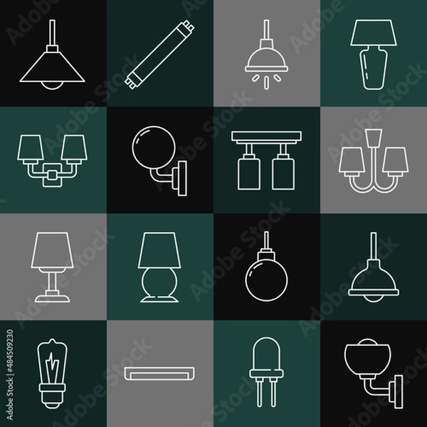 Fototapeta Set line Wall lamp or sconce, Lamp hanging, Chandelier, and Led track lights lamps icon. Vector