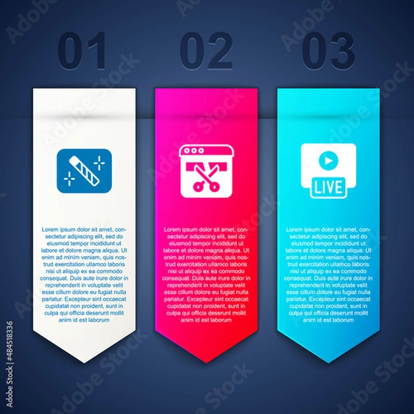 Fototapeta Set Photo retouching, Video recorder or editor and Live stream. Business infographic template. Vector