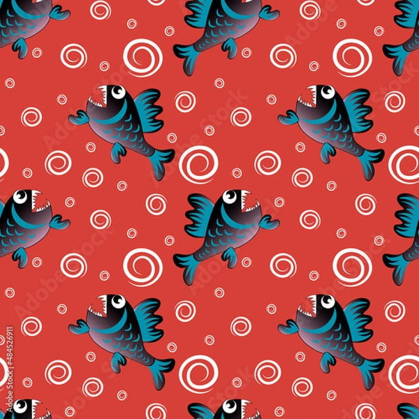 Fototapeta Seamless pattern on a square background is a predatory evil piranha fish. Fabulous underwater world. Styling, cartoon style. Design element of books, notebooks, postcards, interior items. Wallpapers