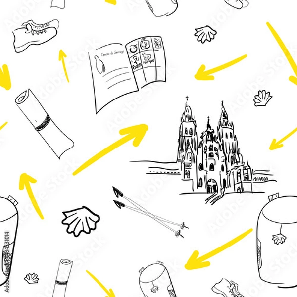 Fototapeta Seamless pattern with the Santiago de Compostela Archcathedral Basilica yellow arrow and pilgrim needed things. Backpack, pilgrim passport, travel mat, trekking sticks, boots, water