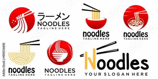 Fototapeta noodles icon set logo design vector with red bowl