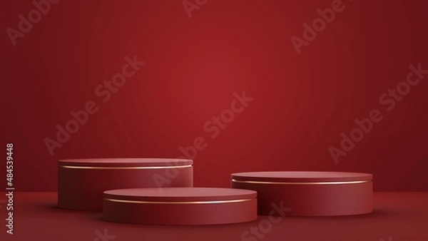 Obraz Abstract geometric shape podium for product display on red background. 3d rendering.