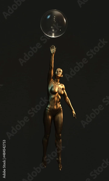 Fototapeta 3d render image, luxury gold woman figure statue nice and elegant above catch pose