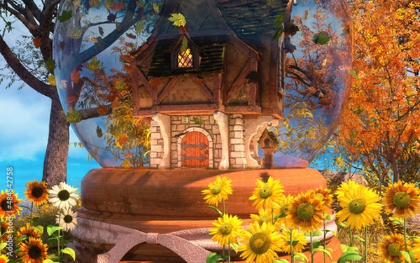 Fototapeta Old house in a beautiful fairy tale glass bead_3d rendering