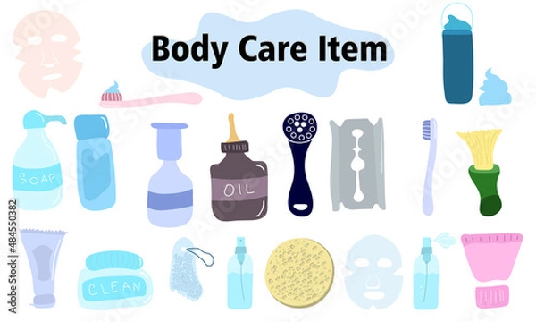Obraz Items and elements for body care. Bathroom supplies, cosmetics, razor, toothpaste, toothbrush. In a color style. Vector illustration.