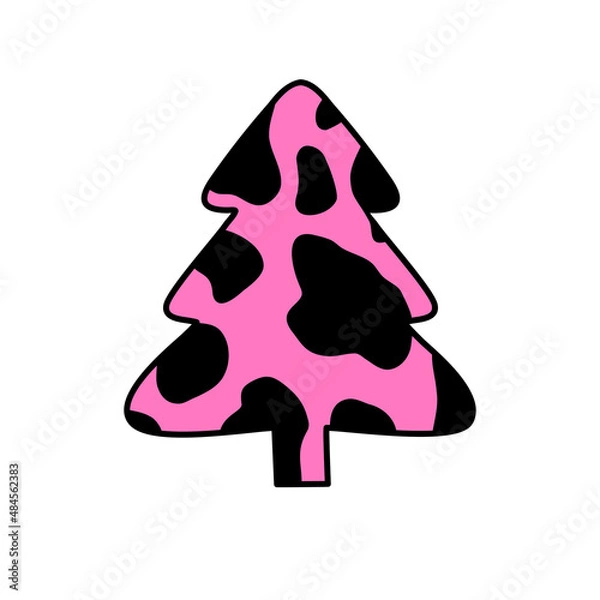 Fototapeta Christmas trees with cow print. Collection of Christmas tree with cow pattern. Colorful illustration of New Year design for banner, postcard, greeting card. Vector illustration.