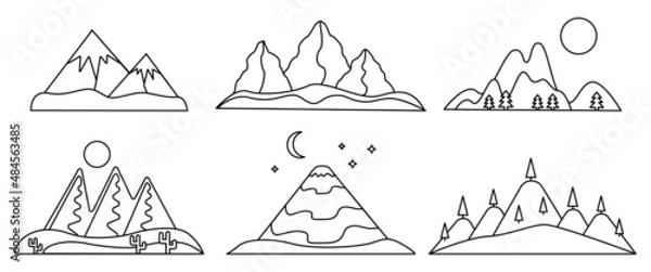 Fototapeta Mountains black silhouette linear contour set. Desert, snowy hill, volcano. Design for website header, banner, water bottles and products. Icons and logo objects for companies.Vector illustration