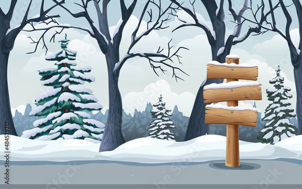 Fototapeta Wooden signpost in snow, realistic winter landscape with woods, fir trees, road and snowbanks. seamless wintertime nature background. parallax game scene. great for mobile, apps, ads, prints design.