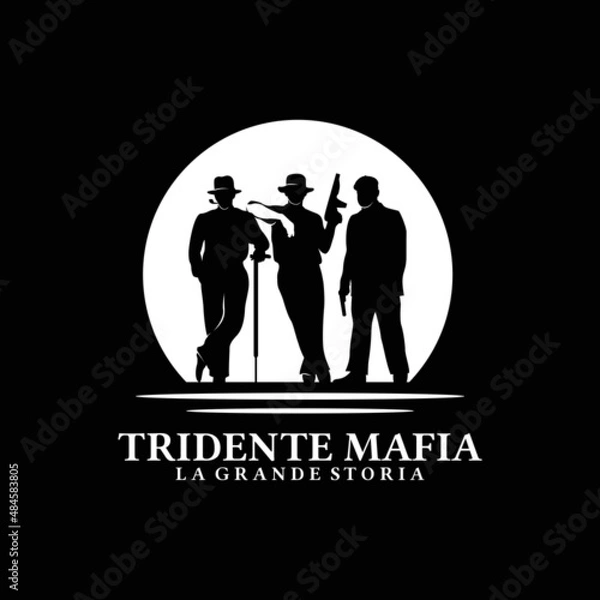 Obraz silhouette of three gangster mafia, bastard bandit mafioso with gun shot weapon and walking stick in hand and smoking pipe in mouth logo design inspiration