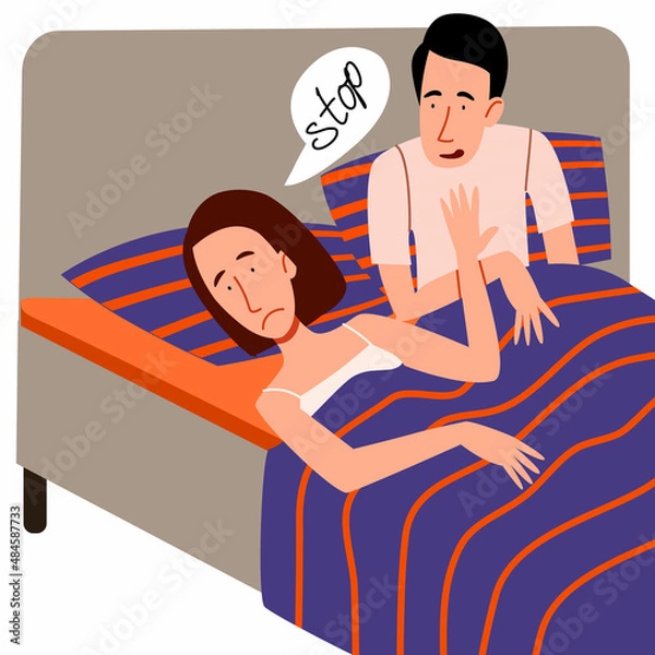 Fototapeta A couple of men and women lying in bed. The concept of a sexual or intimate problem between romantic partners. The girl refuses the guy. Vector illustration in a flat style.