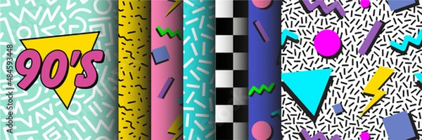 Fototapeta Kolekcja z płynnych wzorów z lat 90. | Zestaw abstrakcyjnej żywej grafiki wektorowej w stylu retro vintage dla odzieży | Ulotka. plakat, elementy banerowe